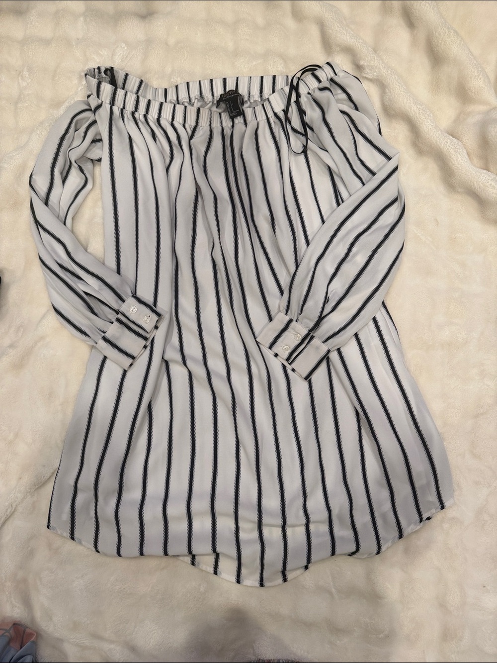 Forever 21 White Strapless Dress with Black Vertical Stripes
